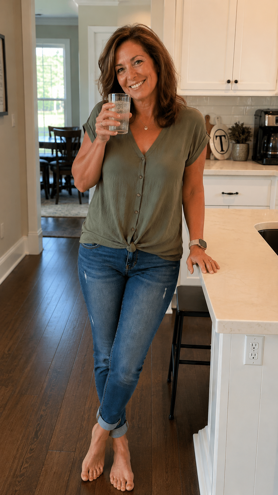 Woman standing in kitchen holding a drink